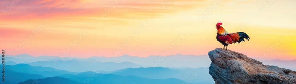 Rooster on a mountain cliff at sunrise, epic landscape, dramatic clouds, cinematic mood Rooster on a mountain cliff at sunrise, epic landscape, dramatic clouds, cinematic mood