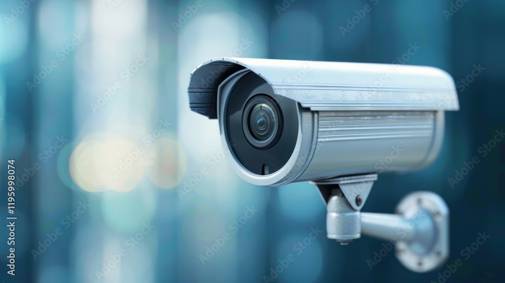 A sleek security camera is mounted on a wall, capturing surveillance footage in a modern, blurred background setting.