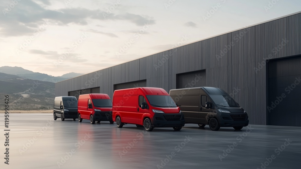 Fototapeta premium Fleet of red and black vans parked outside modern warehouse at dusk