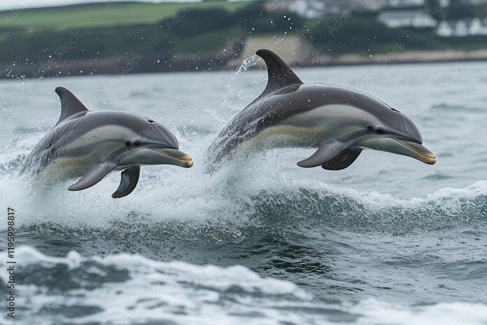 Obraz premium Playful Dolphins Jump Gracefully Above the Waves in Lively Coastal Waters. Generative AI