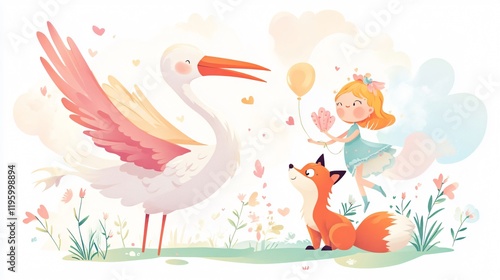 Adorable Baby Shower Stork with Little Girl and Fox Cartoon Illustration