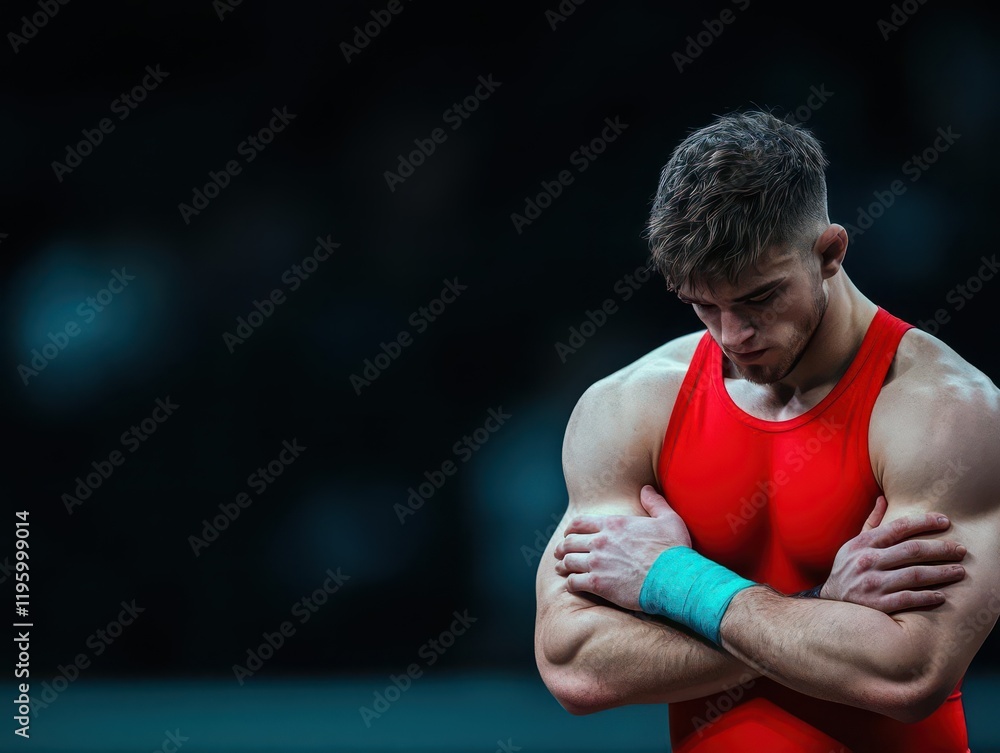 Wrestler locking arms in a competitive match, intense expressions, strong and gritty atmosphere Wrestler locking arms in a competitive match, intense expressions, strong and gritty atmosphere