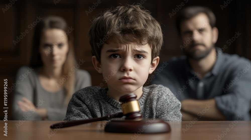 Fototapeta premium Sad boy sitting at a table in the background of his parents.