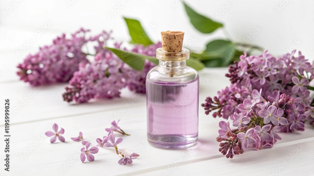 Essential oil made from lilac on a white background, spa still life with flowers, fresh essential and herbal cosmetics bottle, aromatherapy natural healthy care relaxation plant treatment wellbeing Essential oil made from lilac on a white background, spa still life with flowers, fresh essential and herbal cosmetics bottle, aromatherapy natural healthy care relaxation plant treatment wellbeing