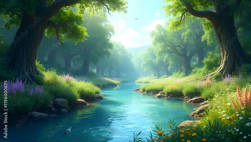 Obraz premium Nature's Harmony: Forest and River