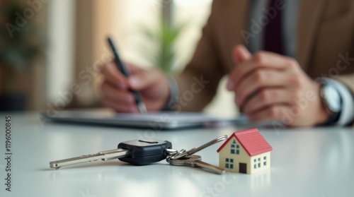 Apartment key on table with house model in background and man signing purchase agreement. Image reflects concept of buying real estate, owning house or signing loan agreement.