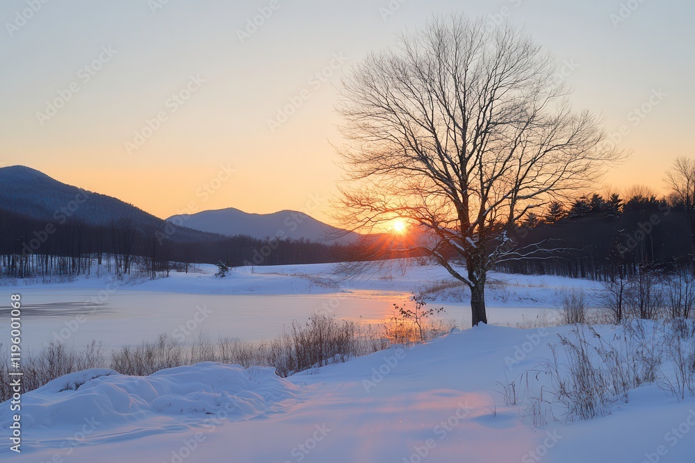 Serene Winter Landscape With a Leafless Tree and a Glowing Sunset Over Snow-Covered Ground. Generative AI Serene Winter Landscape With a Leafless Tree and a Glowing Sunset Over Snow-Covered Ground. Generative AI