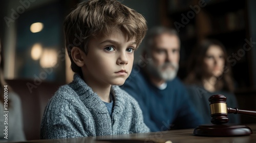 Sad boy sitting at a table in the background of his parents.