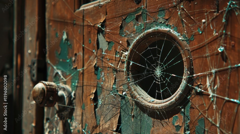 Fototapeta premium Shattered Glass in Antique Wooden Door, Cobwebs and Decay.