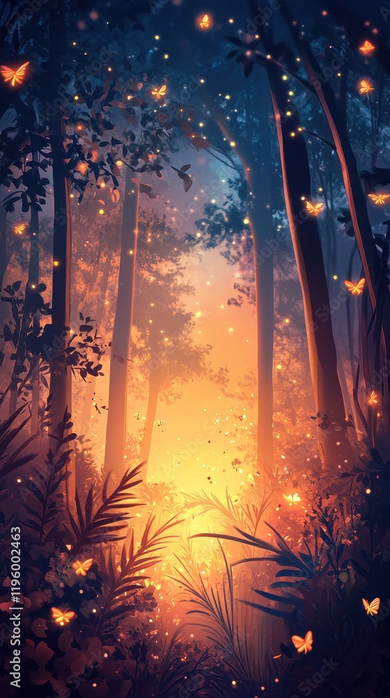 Obraz premium Enchanted Forest Path Lit By Fireflies And Butterflies