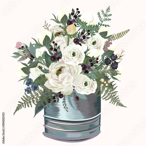 Floral vector illustration with blooming vintage peony flowers and plants