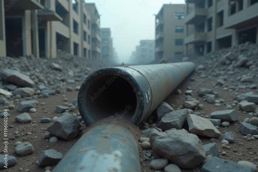 A close-up of a damaged gas pipeline surrounded by rubble in a destroyed city. The background shows shattered windows and fallen debris from nearby buildings A close-up of a damaged gas pipeline surrounded by rubble in a destroyed city. The background shows shattered windows and fallen debris from nearby buildings