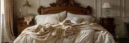 Exquisite Display of Luxury and Comfort: Majestic King-Size Bed Decorated in Tranquil Cream Tones