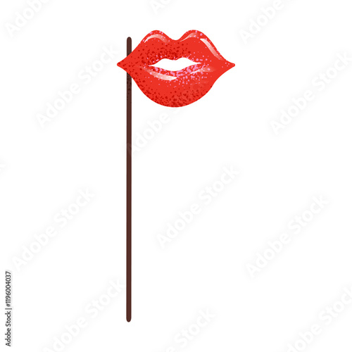 Red lips mask on a stick. Masquerade props for photo booth selfies on fun birthday, hen party, wedding, or Christmas celebration. Carnival costume party accessory. Vector illustration on white.