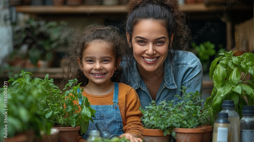 custom made wallpaper toronto digitalSmiling young woman and her daughter in a greenhouse with fresh green plants. Earth Day and nature