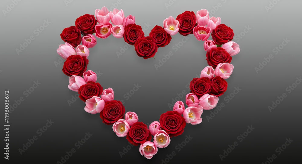Heart-Shaped Arrangement of Red Roses and Pink Tulips Heart-Shaped Arrangement of Red Roses and Pink Tulips