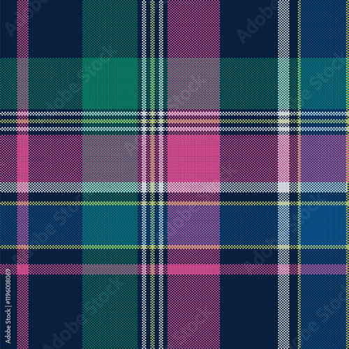 Illustration of plaid fabric with modern colors, in blue, red, navy, and turquoise tones, special weft yarn to simulate the texture of a fabric. Design for textures or repeats of garments or fashion.