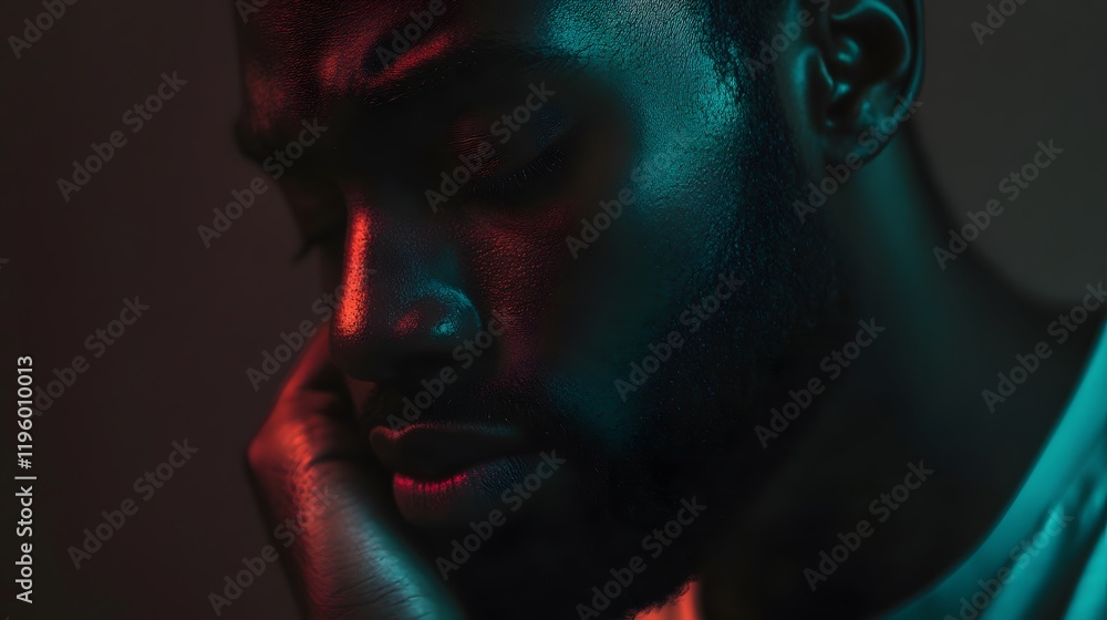Melancholic Man Illuminated By Red And Teal Light Melancholic Man Illuminated By Red And Teal Light