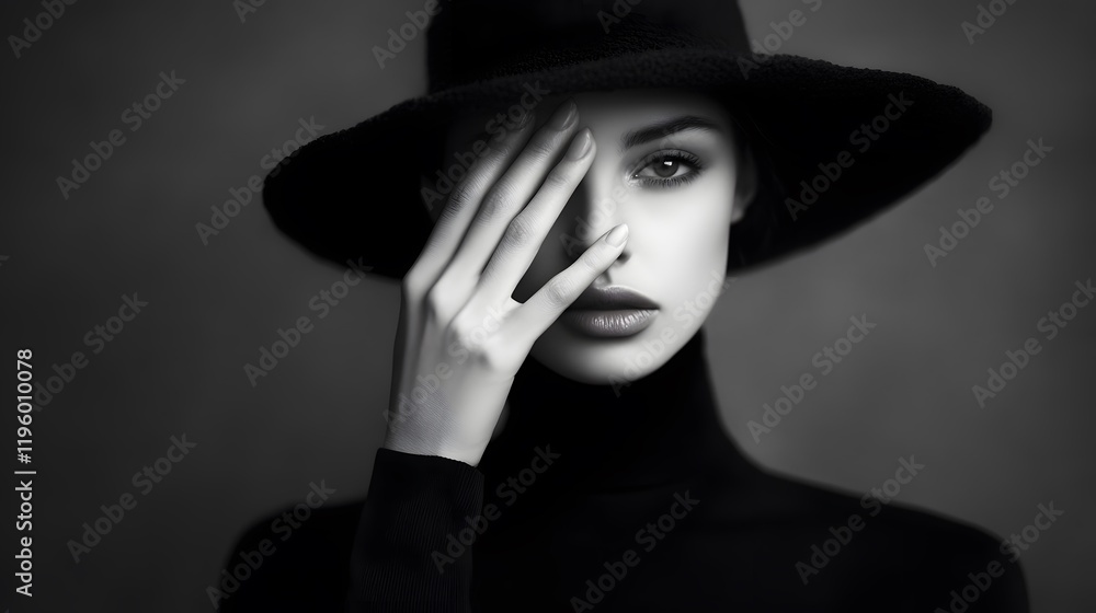 Elegant Woman In Black Hat Partially Obscuring Her Face Elegant Woman In Black Hat Partially Obscuring Her Face