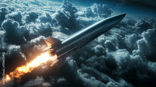 A modern sleek space shuttle or missile launches through dark clouds, symbolizing power, ambition, and technological breakthrough, cutting through the chaos with a sense of determination against a dra photo