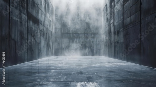 Moody Industrial Concrete Corridor, Foggy Atmosphere.
