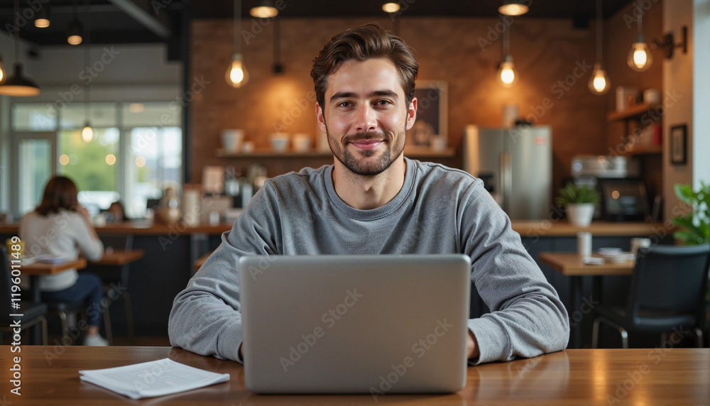 Job candidate smiling while working on laptop in coffee shop, career opportunity Job candidate smiling while working on laptop in coffee shop, career opportunity