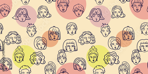 seamless pattern featuring doodle women's faces and circles
