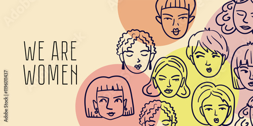 editable banner template featuring doodle women's faces