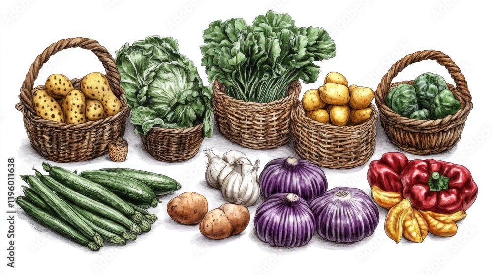 Variety of fresh vegetables and fruits in baskets at a local farmers' market. Variety of fresh vegetables and fruits in baskets at a local farmers' market.