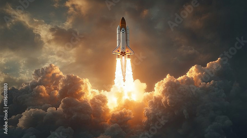 A modern sleek space shuttle or missile launches through dark clouds, symbolizing power, ambition, and technological breakthrough, cutting through the chaos with a sense of determination against a dra photo