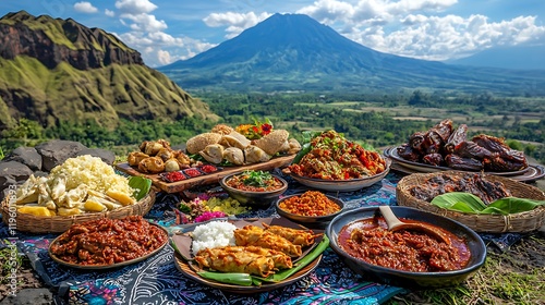 Fototapeta Naklejka Na Ścianę i Meble -  Volcanic landscape feast Indonesian food spread
