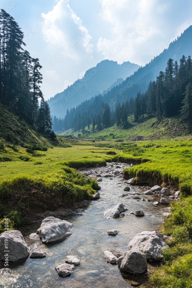 A serene scene of a forest stream amidst mountainous terrain. A serene scene of a forest stream amidst mountainous terrain.