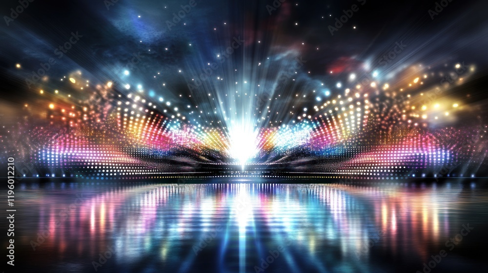 Vibrant light display over a reflective surface. Vibrant light display over a reflective surface.