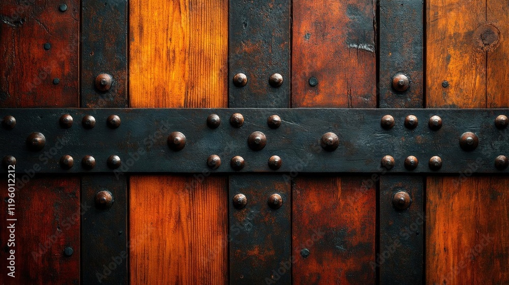 Fototapeta premium Dark Weathered Wooden Texture with Metal Bands and Rivets Background
