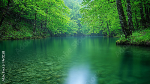 A serene river flowing gently through a lush rainforest, clear water mirroring trees, creating a peaceful atmosphere with a blurred empty space for captions on the side

