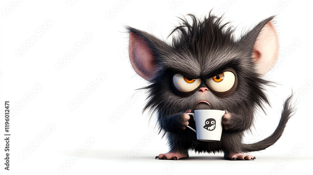 cute furry monster drinking coffee on a white background, isolated, sleepy, disheveled cute furry monster drinking coffee on a white background, isolated, sleepy, disheveled