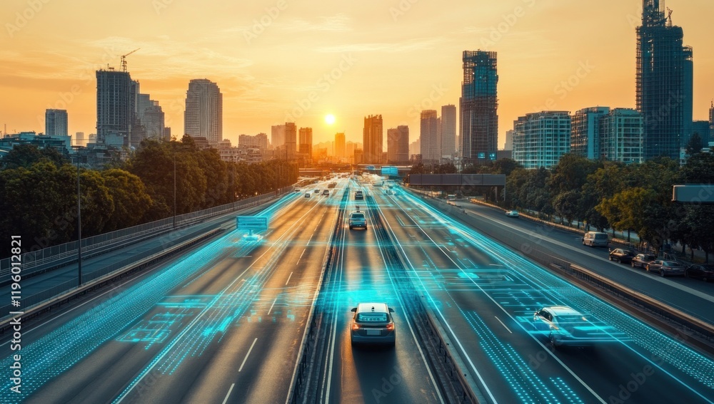 Fototapeta premium Autonomous Vehicles Navigating a City Highway