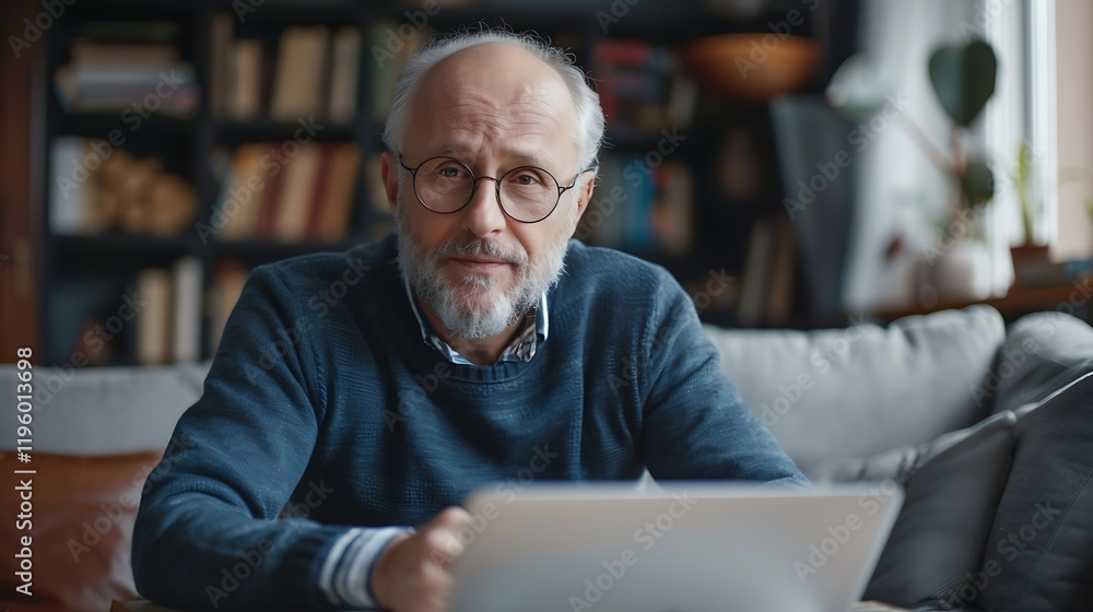 Happy stylish mature old man remote working from home distance office on laptop taking notes. Smiling 60s middle aged business man using computer watching webinar sit on couch writing in notebook. Happy stylish mature old man remote working from home distance office on laptop taking notes. Smiling 60s middle aged business man using computer watching webinar sit on couch writing in notebook.