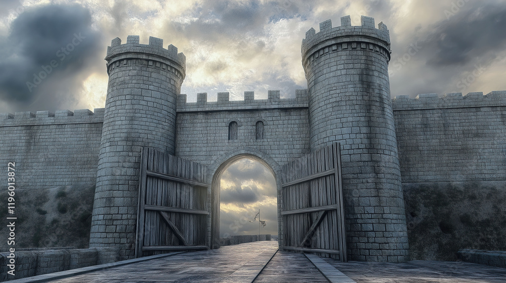 Fototapeta premium Historical depiction of the imposing Bastille prison featuring detailed stone walls and a wooden drawbridge under a dramatic cloudy sky