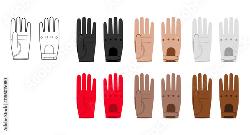 Set of Driving Gloves Wrist length Fashion hand accessory clothing technical illustration garment. Vector cartoon red, Mocha Mousse brown, beige and black style flat template CAD mockup sketch outline
