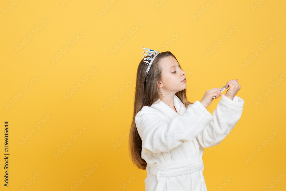 A preteen girl dressed in a cozy white robe doing manicure while wearing a stylish tiara. The vibrant yellow background creates a cheerful atmosphere, highlighting her playful spirit. A preteen girl dressed in a cozy white robe doing manicure while wearing a stylish tiara. The vibrant yellow background creates a cheerful atmosphere, highlighting her playful spirit.