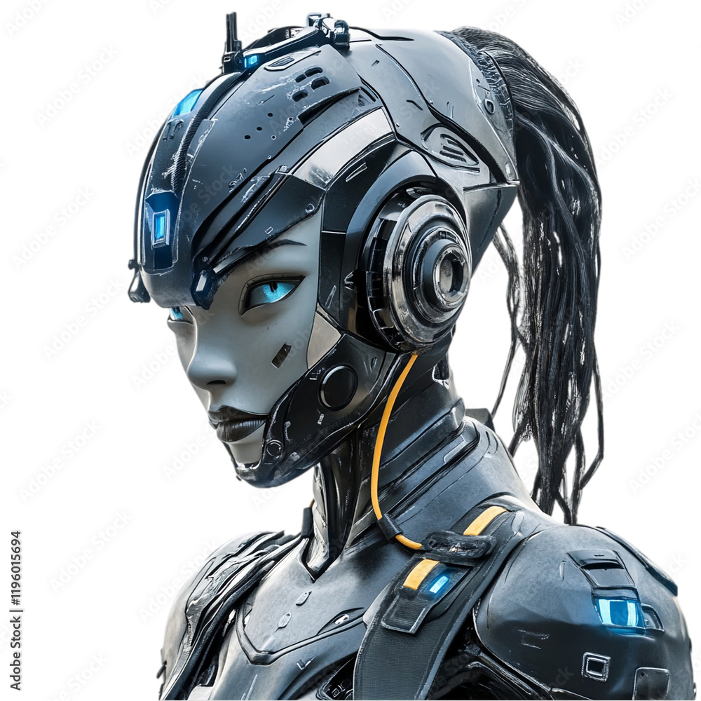 Cyberpunk Female Robot, Futuristic Portrait, AI dark grey blue woman isolated on transparent background, png Cyberpunk Female Robot, Futuristic Portrait, AI dark grey blue woman isolated on transparent background, png