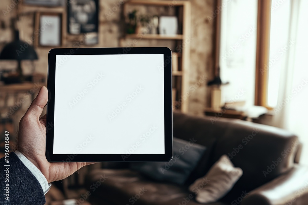 Tablet computer being held in hand. Digital interface on screen. Device for communication and productivity. Tablet computer being held in hand. Digital interface on screen. Device for communication and productivity.
