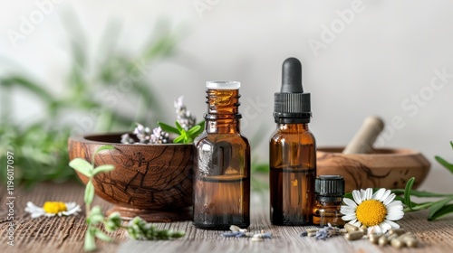 Wallpaper Mural Aromatic Essential Oils in Amber Bottles with Herbs and Flowers. Torontodigital.ca