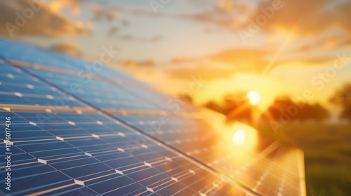 A close-up of solar panels reflecting sunlight at sunset, highlighting renewable energy and a sustainable future.