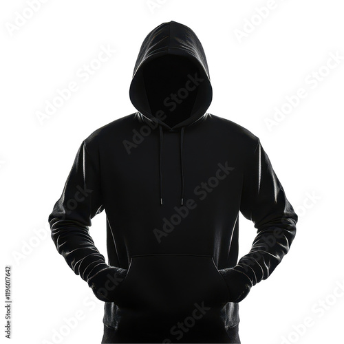 A person in a black hoodie with a hood covering the face. transparent background