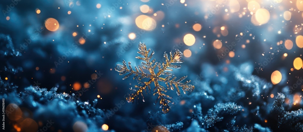 Golden snowflake, winter bokeh, festive card Golden snowflake, winter bokeh, festive card