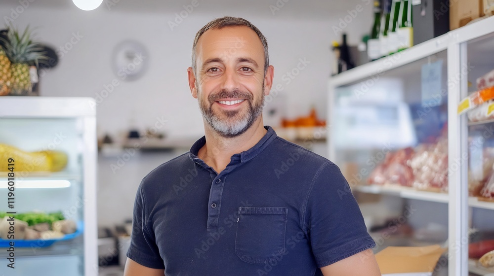 Smiling shop owner in a healthy food store Smiling shop owner in a healthy food store
