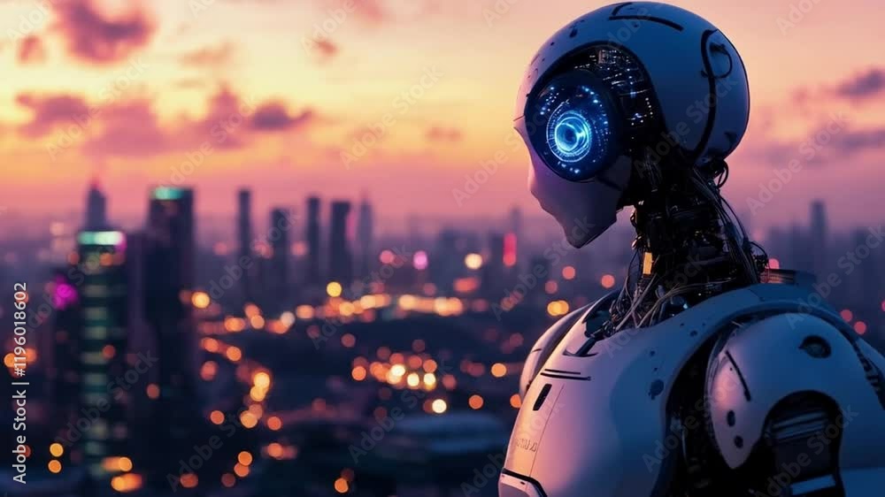 Futuristic Cityscape: A Robot's Contemplation at Dusk Futuristic Cityscape: A Robot's Contemplation at Dusk