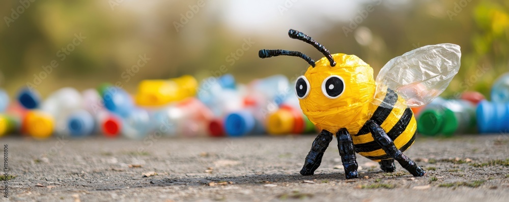 Fototapeta premium Creative plastic bottle bumblebee art installation outdoors